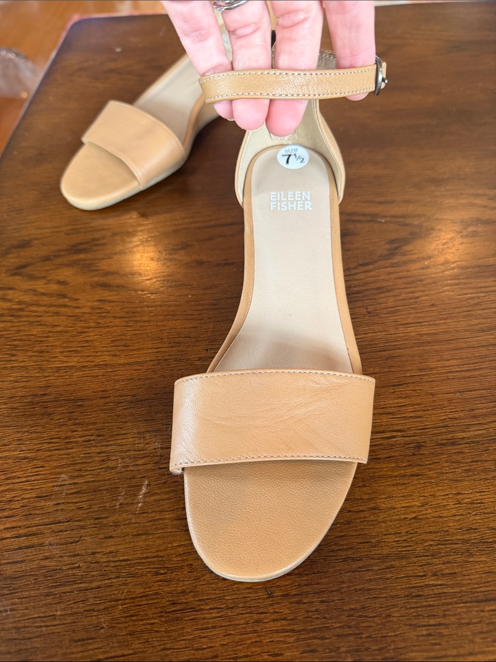 Eileen Fisher Beige Tan Leather Ankle-Strap Wedge Sandals - Picture 2 of 4